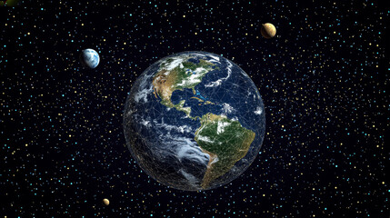 Obraz premium Earth globe low poly art illustration. 3d polygonal planet. Outer space concept with connected dots and lines. Cosmos exploring on black. Solar system body, moon and earth vector color wireframe mesh