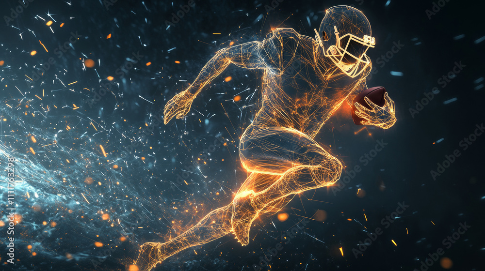 Poster abstract football player in motion with cybernetic particles. vector mesh spheres from flying debris