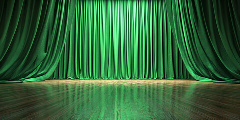 Empty Theater Stage with Elegant Green Curtains