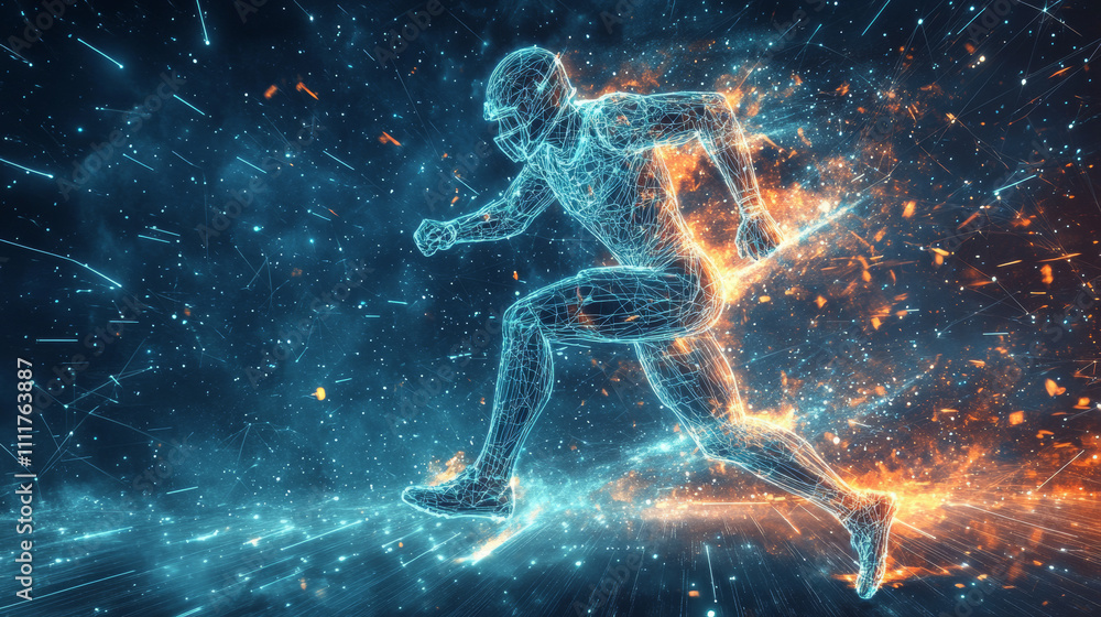 Poster abstract football player in motion with cybernetic particles. vector mesh spheres from flying debris