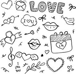 Valentines day doodles set. Love theme simple doodle illustration for design. Wedding elements, hearts, romantic icons. Love clipart, arrows, text, rings, letters, flowers, sweets