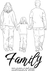 Happy family in sketch line art drawing style. Back view of parents with their little kid holding hands and walking together black linear sketch. Template for family album cover. Vector illustration 