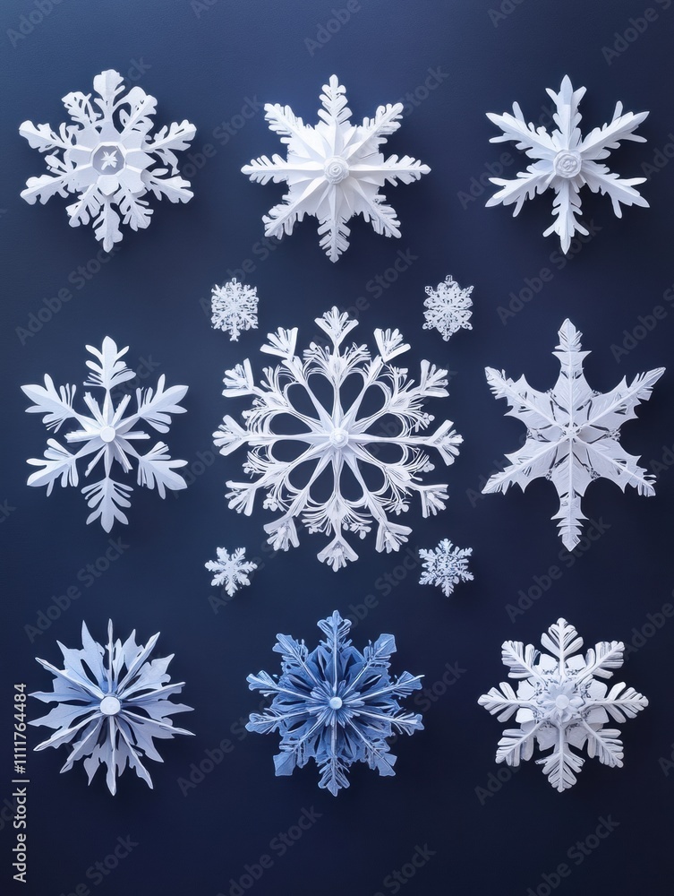 Poster intricate handcrafted paper snowflakes are arranged creatively on a dark blue background, offering s