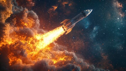 A Rocket Launching Into Space Surrounded by Bright Orange Explosions and Dark Cosmic Clouds, Capturing the Majesty of Space Exploration and Technological Advancement