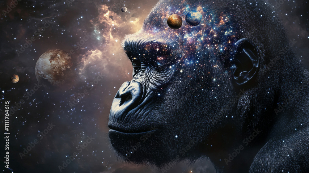 Poster abstract image of a gorilla head in the form of a starry sky or space, consisting of points, lines, 