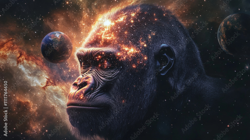 Poster abstract image of a gorilla head in the form of a starry sky or space, consisting of points, lines, 