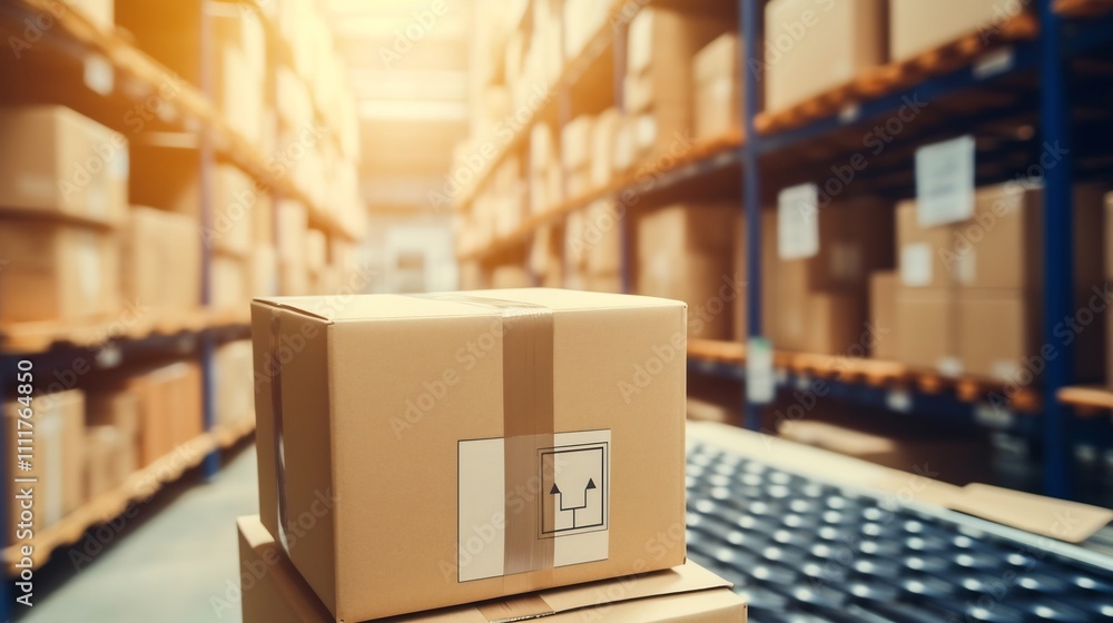Poster hand scanning barcode on package using mobile device for retail and e commerce logistics optimizatio