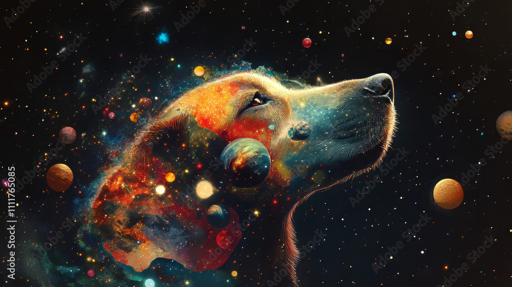 Poster abstract image of 2018 with head of dog in the form of a starry sky or space, consisting of points, 