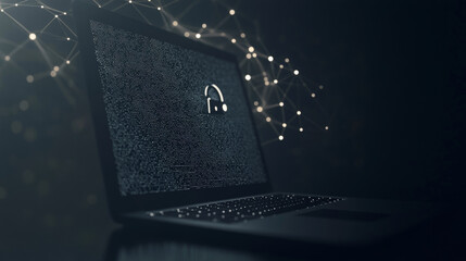 Information lock low poly wireframe illustration. Polygonal personal data protection, network defense, internet connection security mesh art. 3D laptop and closed padlock with connected dots