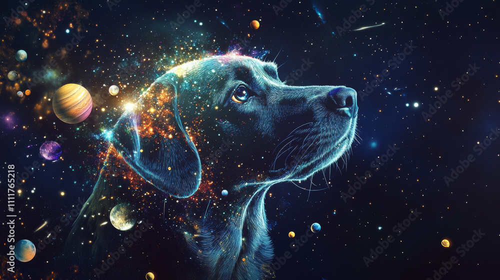 Poster abstract image of 2018 with head of dog in the form of a starry sky or space, consisting of points, 