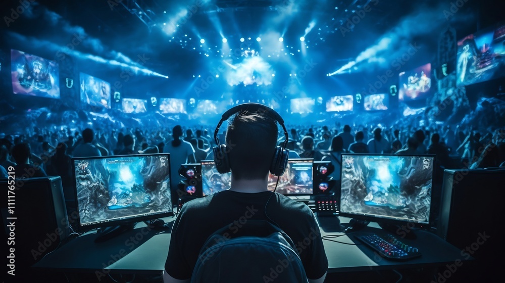 Aufkleber gamer deeply engrossed in a captivating video game session using a large screen and wearing headphon