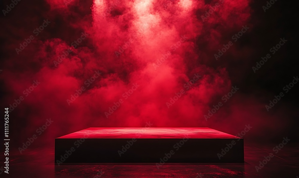Poster a red stage with three spotlights shining down on a circular platform, generative ai