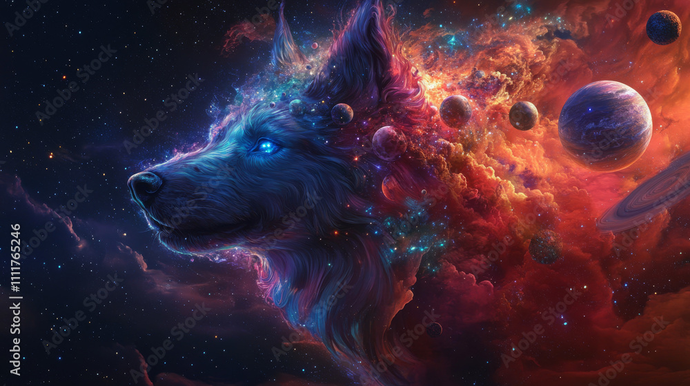 Poster abstract image of 2018 with head of dog in the form of a starry sky or space, consisting of points, 