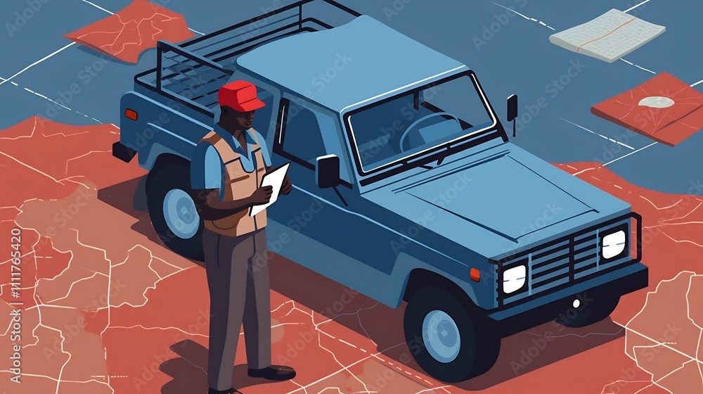 Poster professional courier checking digital map on tablet while standing next to delivery vehicle in urban