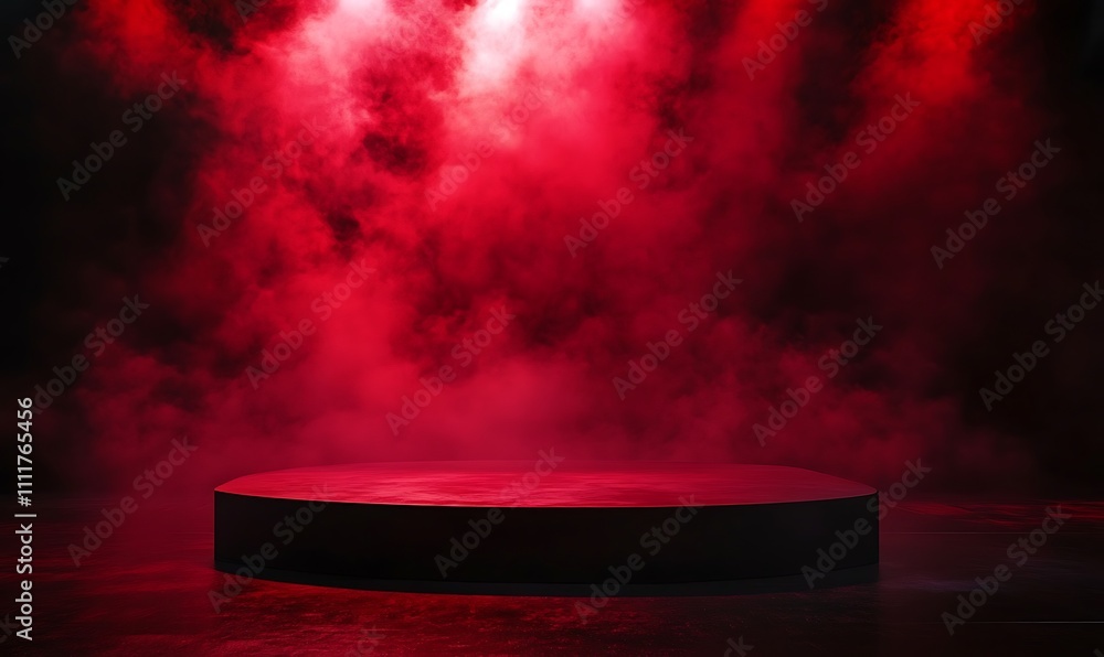 Poster a red stage with three spotlights shining down on a circular platform, generative ai