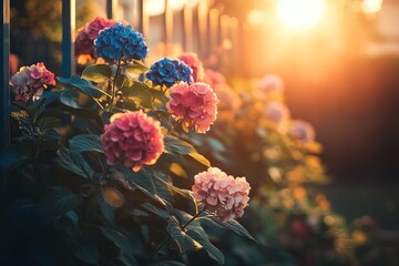 close-up pink and blue hydrangea flowers bush in a garden with fence on blurred background with evening sunlight