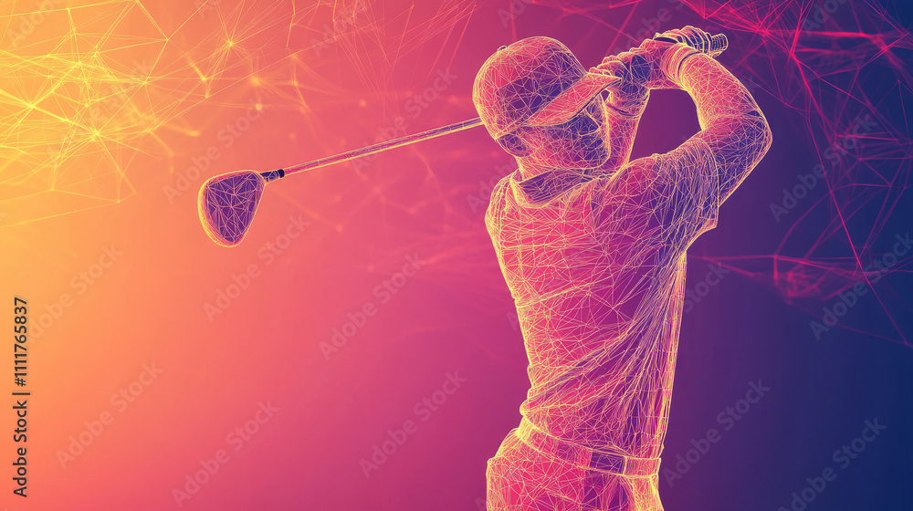Poster abstract line golfer hits the ball. silhouette of a man made of lines and points in motion. polygona