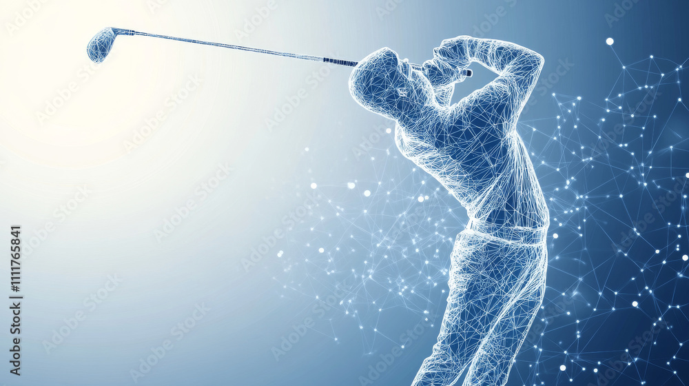 Poster abstract line golfer hits the ball. silhouette of a man made of lines and points in motion. polygona