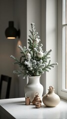 Winter theme or festive interior with a minimalist Scandinavian-style side view featuring hanging ornaments and a vase of frosted greenery, vertical orientation.
