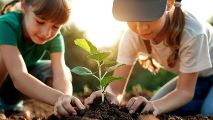 Children gardening in the sun, planting seedlings in fertile soil, nurturing nature through hands-on learning and outdoor activity.
