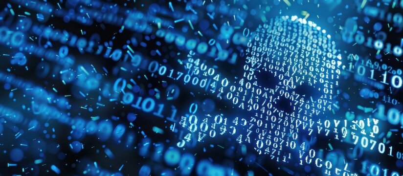 Digital skull and crossbones made of binary code on blue background with many numbers, security concept