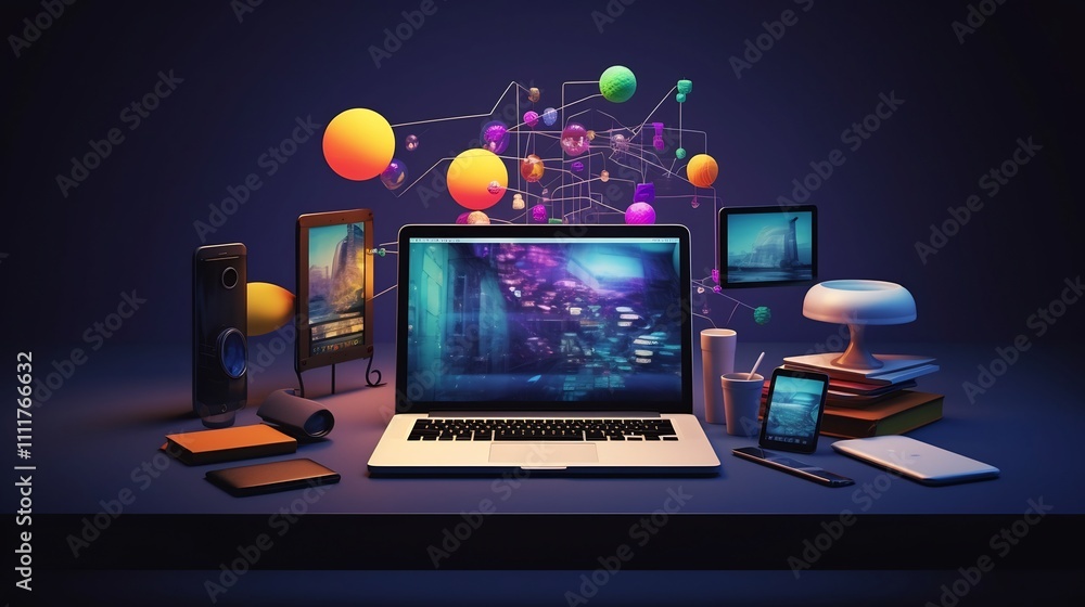 Poster streamlined and innovative workspace concept featuring startup inspired icons and a captivating glow