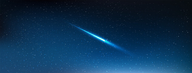 A High quality shooting star in the dark blue sky background. Astrology horizontal background. Stardust in galaxy. Vector Illustration.