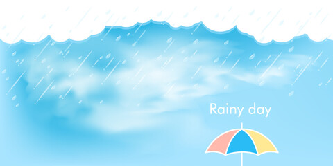 Rain drops on blue background and an colorful umbrella. Falling water drops. Nature rainfall. All layered and grouped. Vector.