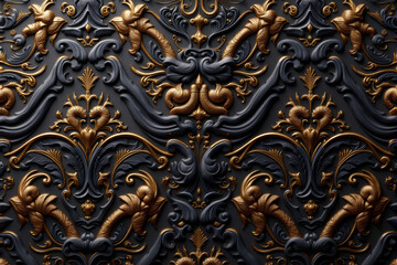 ornate baroque pattern with gold and white accents on a dark background,