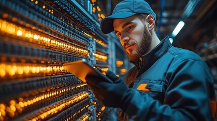A technician inspects equipment in a data center, using a tablet to monitor systems.