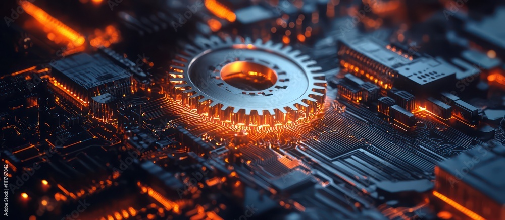 Poster 3d gear and circuit design representing next-level production automation.
