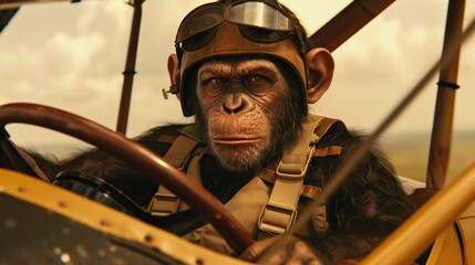 a monkey wearing a pilot's costume operating a plane