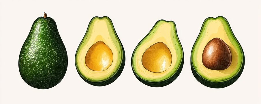 Fresh Avocado Cut Illustrations Showing Different Stages of Ripeness