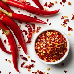 Vibrant Red Chili Peppers and Flakes on a White Background