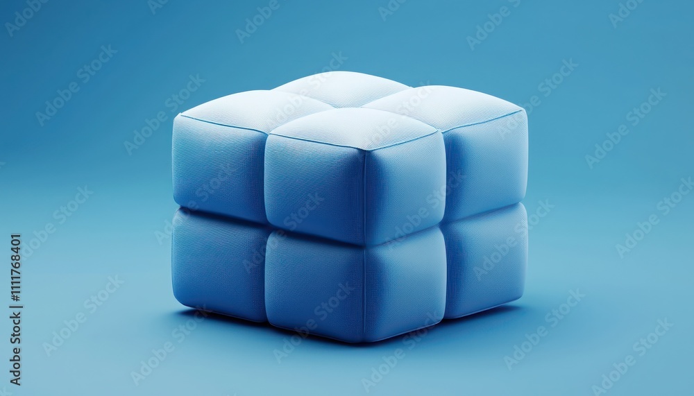 Poster 3d representation of an abstract blue cushioned cube made from synthetic materials.