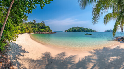 Serene tropical beach with clear water and small islands under a bright blue sky