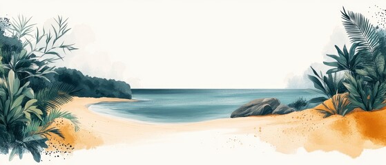 A serene beach scene featuring gentle waves, sandy shore, and lush greenery.