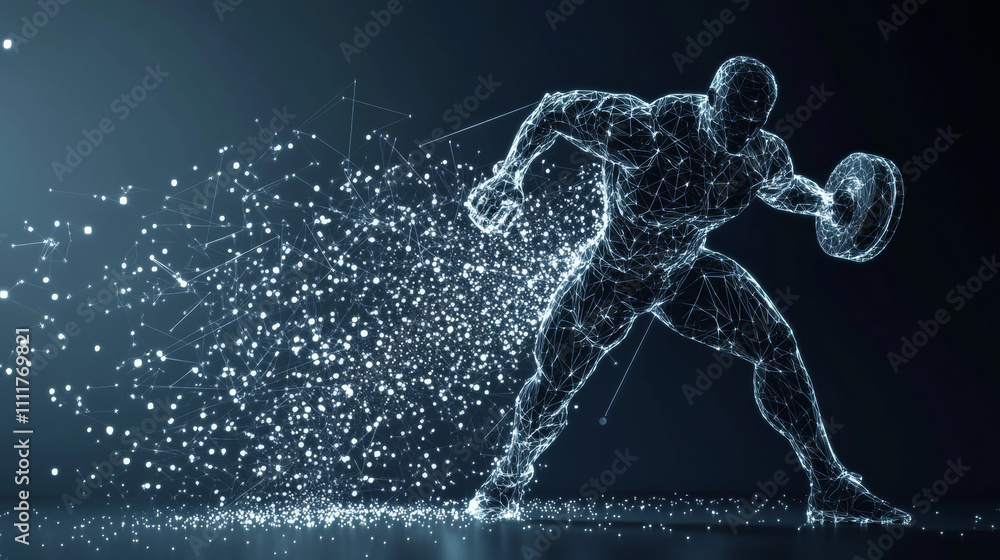 Poster abstract weightlifter in motion with cybernetic particles. gray triangle thin line mesh spheres. fut