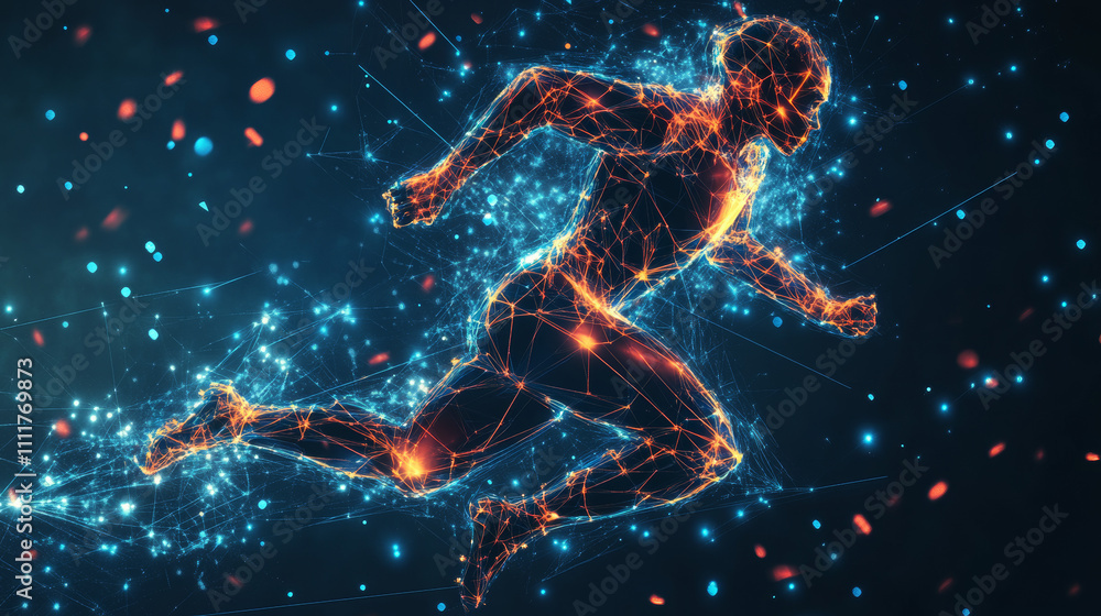 Poster abstract football player in motion with cybernetic particles. vector mesh spheres from flying debris