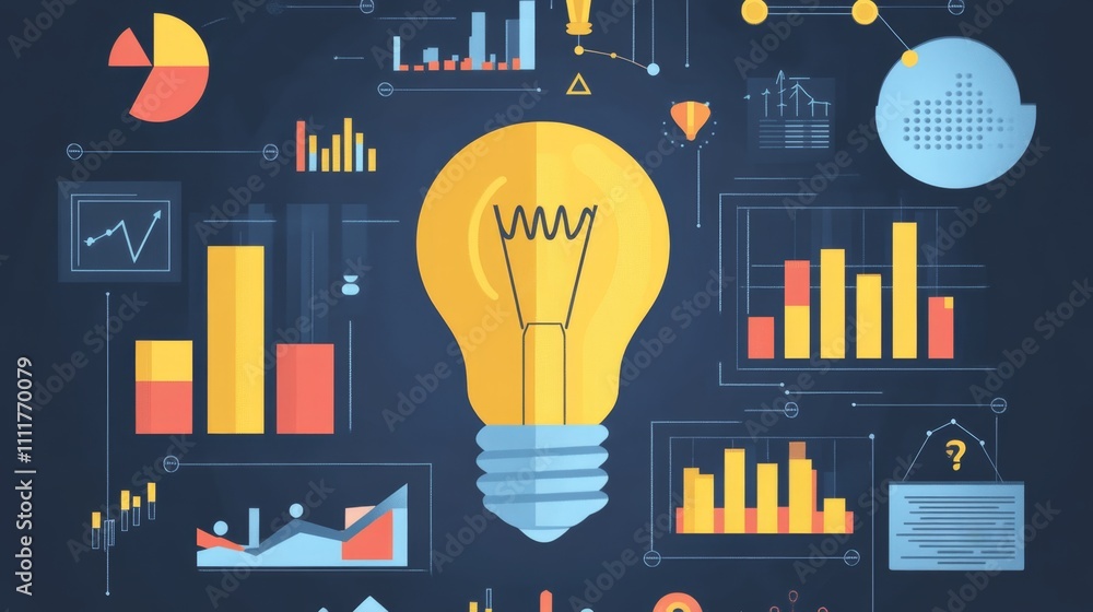 Poster bright light bulb surrounded by colorful data visualizations and charts