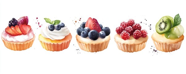 New Year sweets dessert luxury. Premium tart selection, ornate fruit toppings and rich fillings, Watercolor style