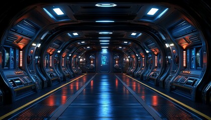 Obraz premium Futuristic Spaceship Corridor With Glowing Lights And Panels