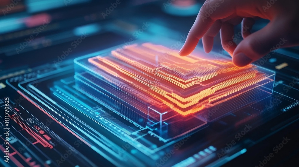 Poster hand interacting with futuristic digital interface with 3d layers