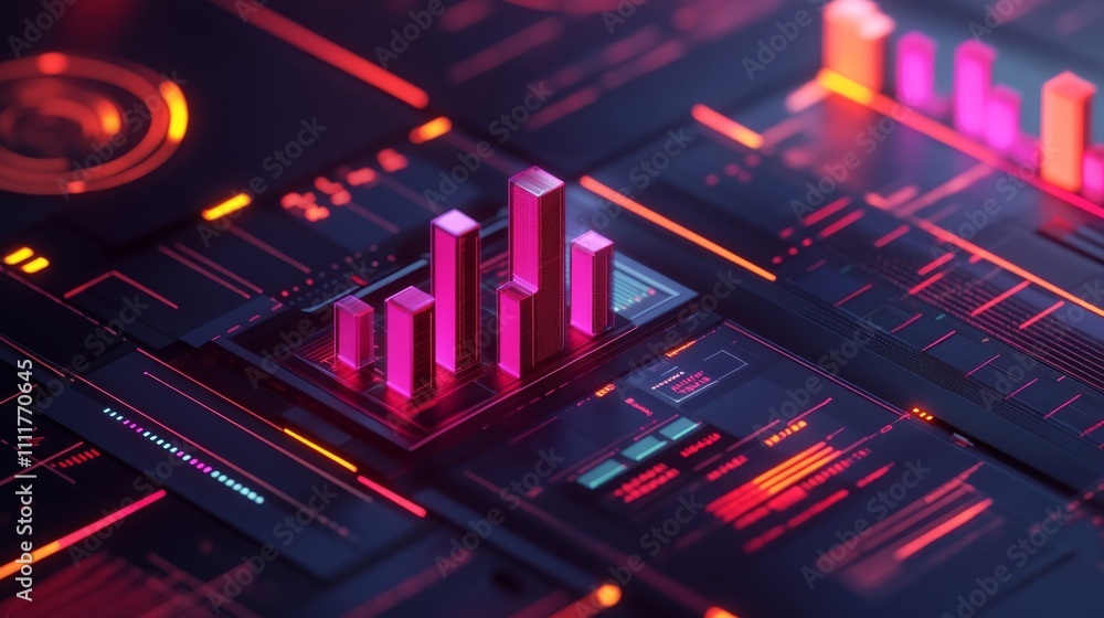 Poster colorful digital data visualization with vibrant bar graphs and charts