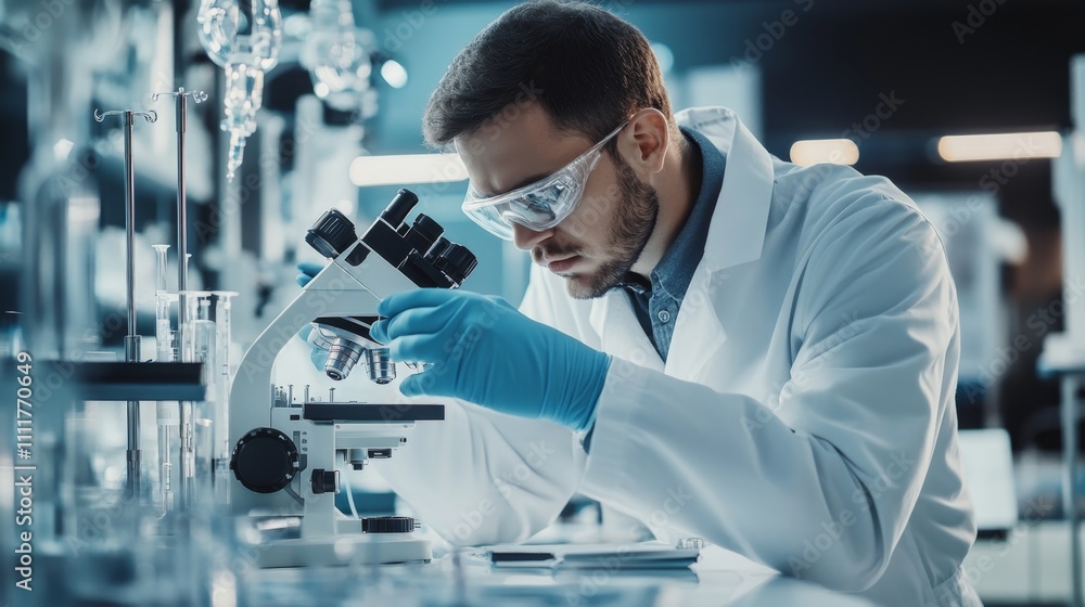 Aufkleber scientist in lab coat analyzing samples through microscope