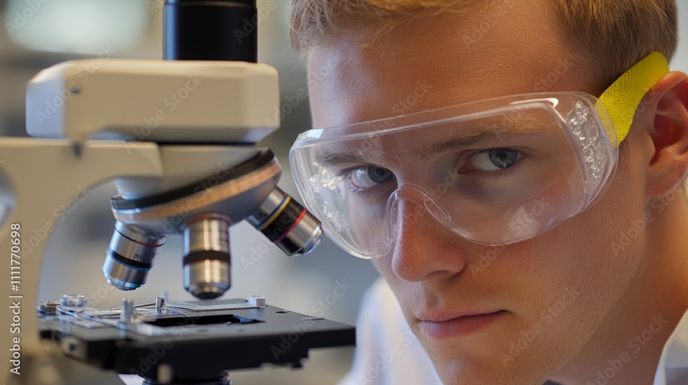 Aufkleber young scientist observing through microscope in laboratory setting