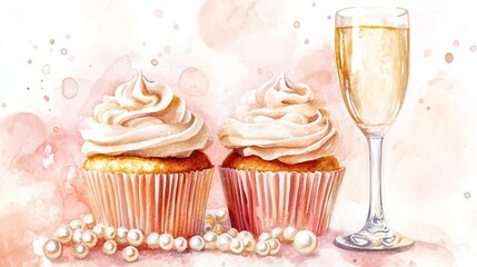 New Year sweets dessert luxury. Champagne cupcakes, adorned with sugar pearls and elegant icing, Watercolor style