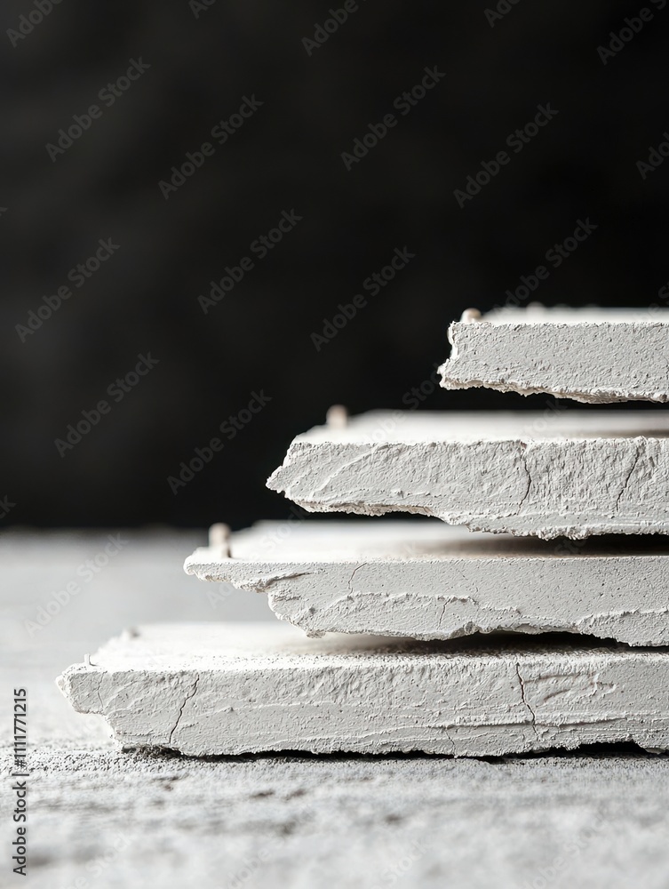 Poster a stack of textured gray slabs on a surface, highlighting their layered structure against a dark bac