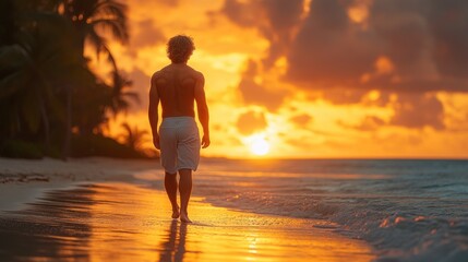 A silhouette of a person walking on a beach at sunset, reflecting tranquility and solitude.