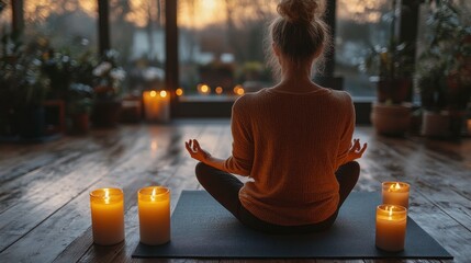 A serene scene of a person meditating with candles in a tranquil indoor setting.